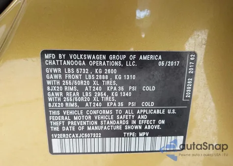 2018 Volkswagen Atlas 3.6L V6 Sel from USA, damaged, VIN 1V2ER2CAXJC507322